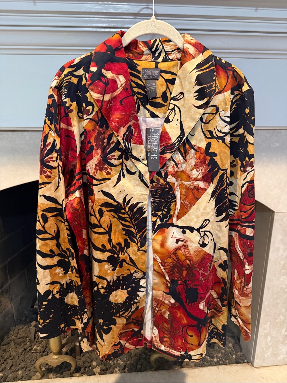Chico's Multicolor Clasp Front Floral Blazer in Orange, Gold, Black size XL